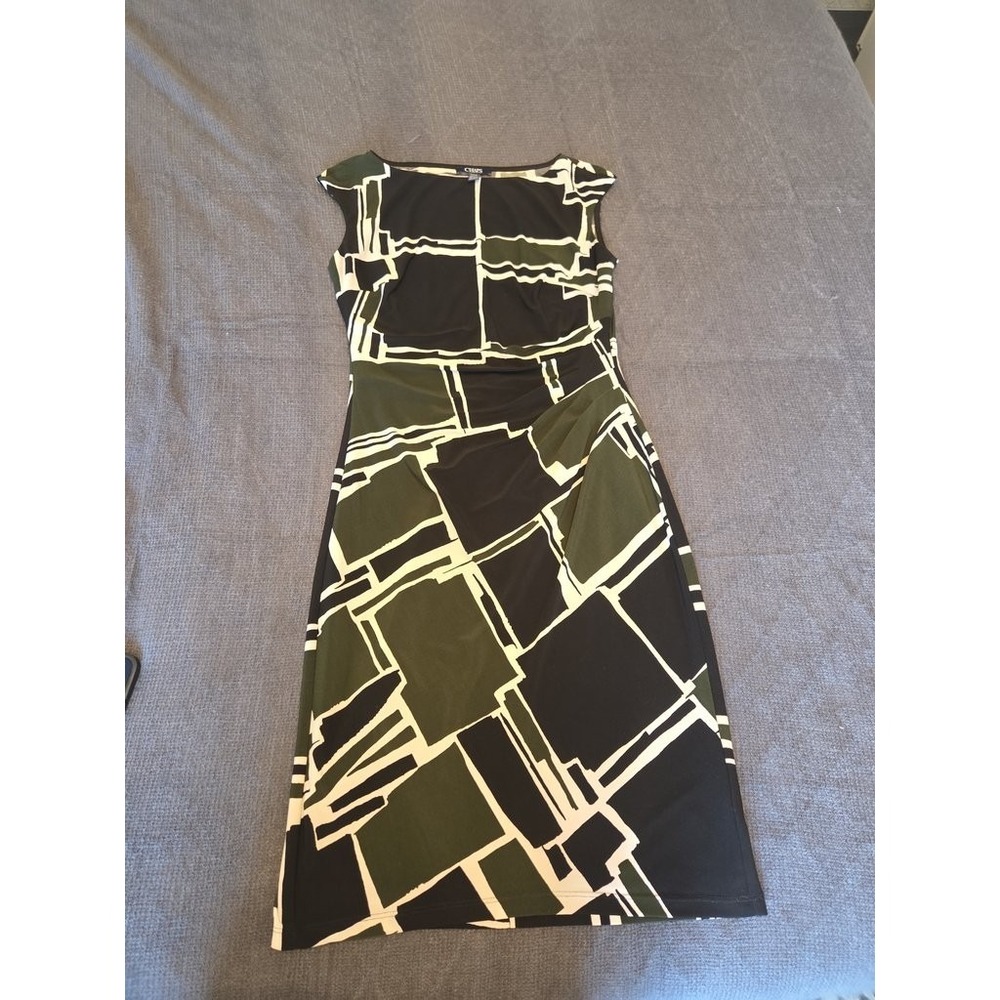 Chaps Women Small Green Black Geometric Sheath Dress Ruched Stretch Jersey S